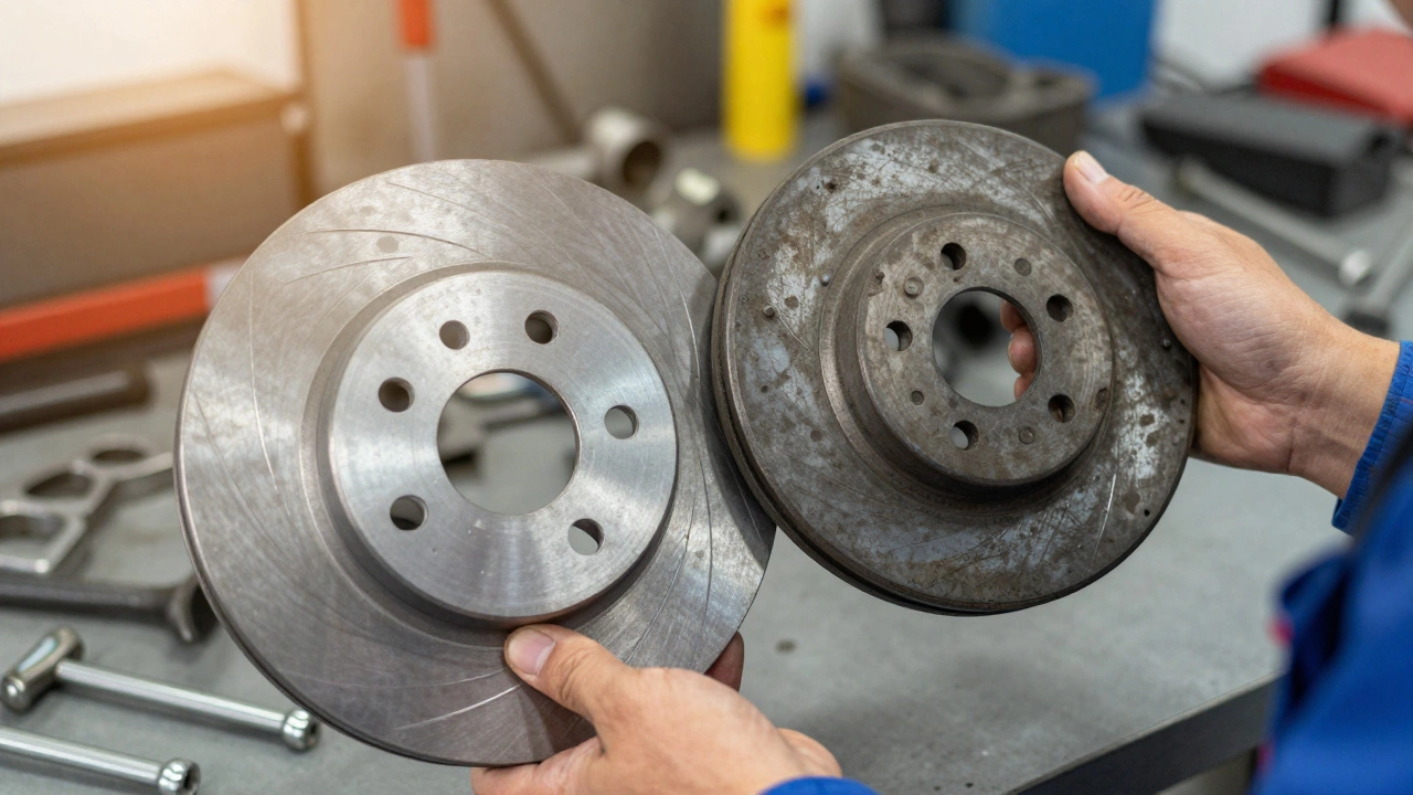 Mechanic comparing new and damaged brake rotors