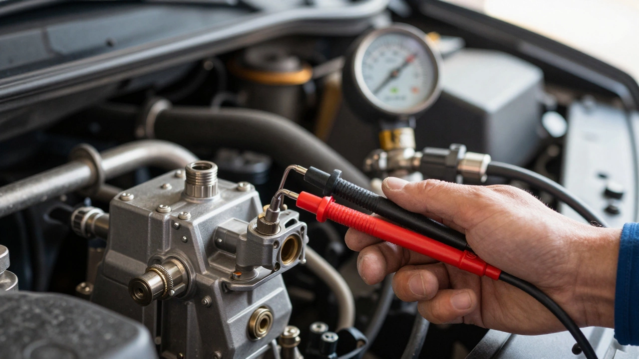 Mechanic testing fuel pump voltage with multimeter in garage