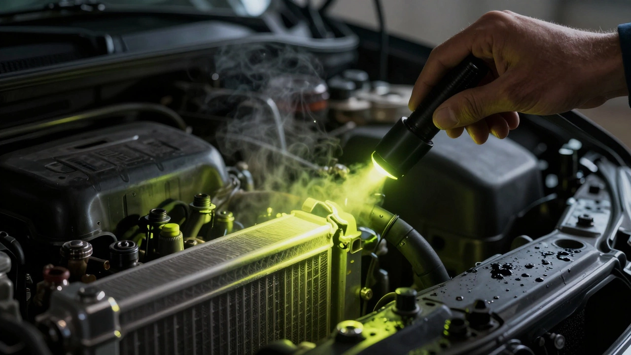 Mechanic using UV light to detect a glowing coolant leak on a car hose clamp.