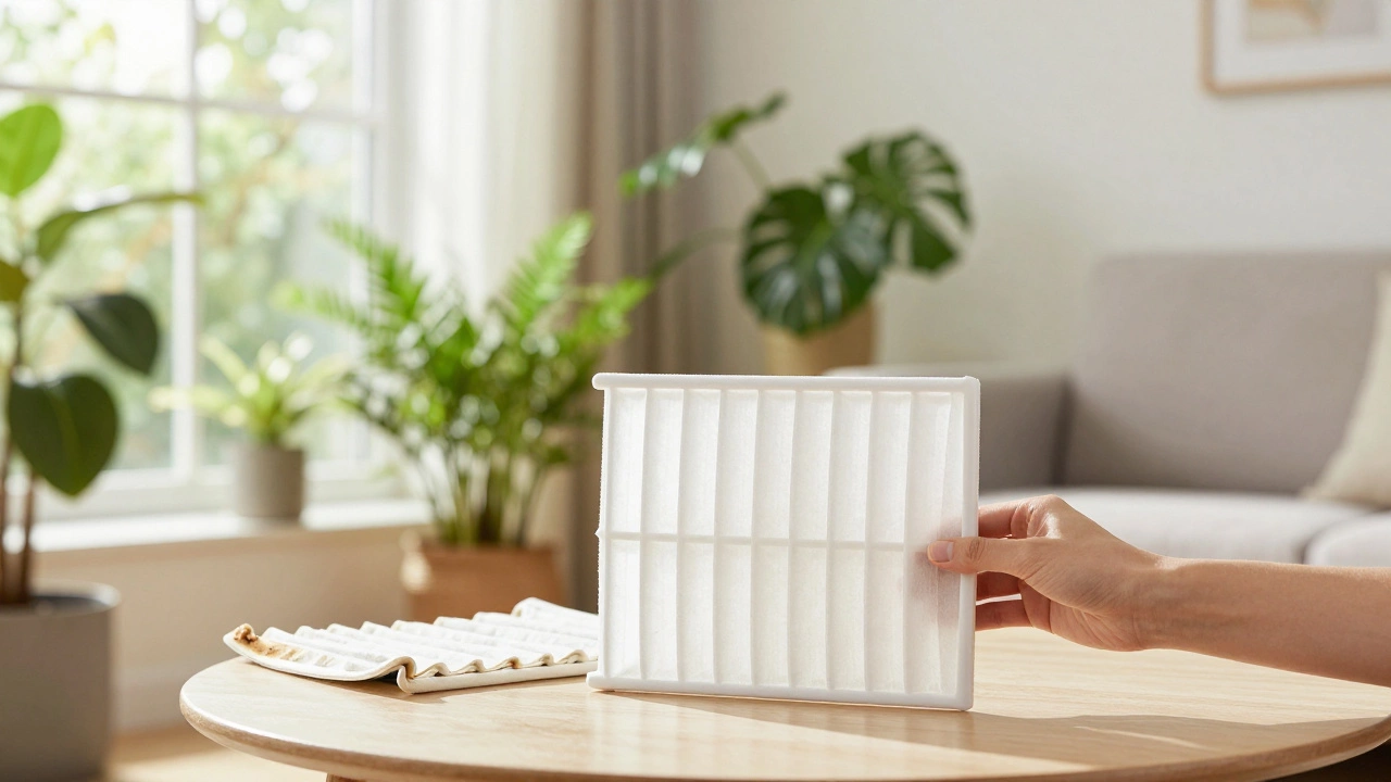 New clean AC filter held in bright living room next to old dirty one