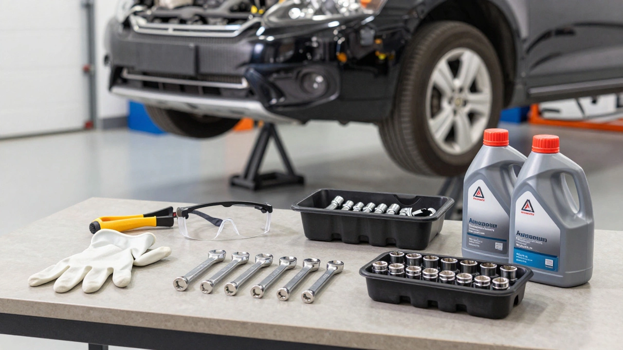 Organized toolkit and car on axle stands ready for radiator repair