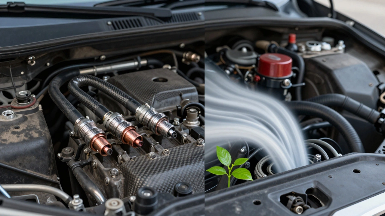 Split view comparing dirty old vs clean new spark plugs