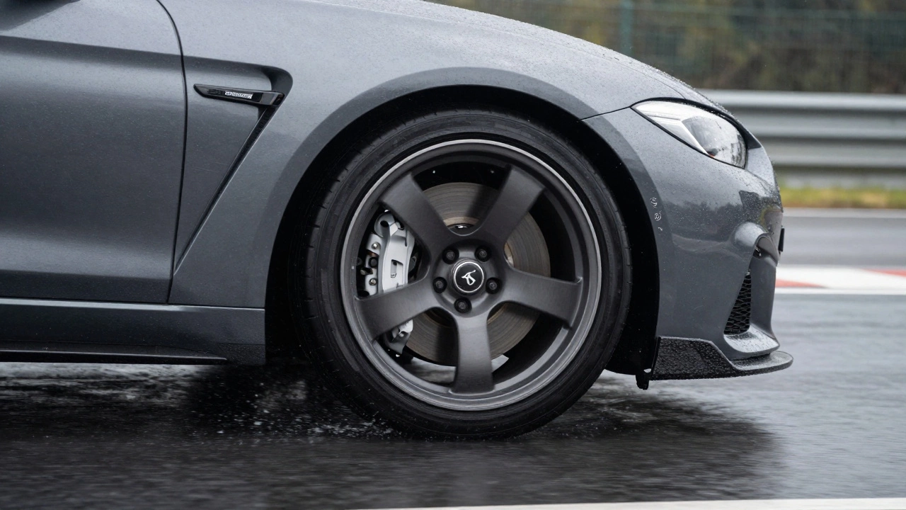 Sports car with double wishbone suspension cornering on wet track