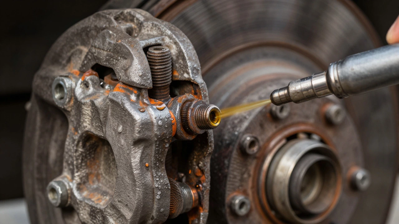 Close-up of rusty caliper bolt being treated with oil