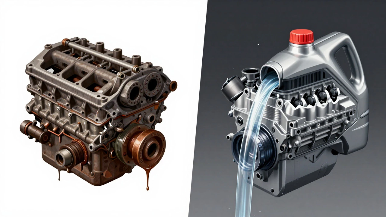 Comparison of old rusty engine vs modern engine with synthetic oil
