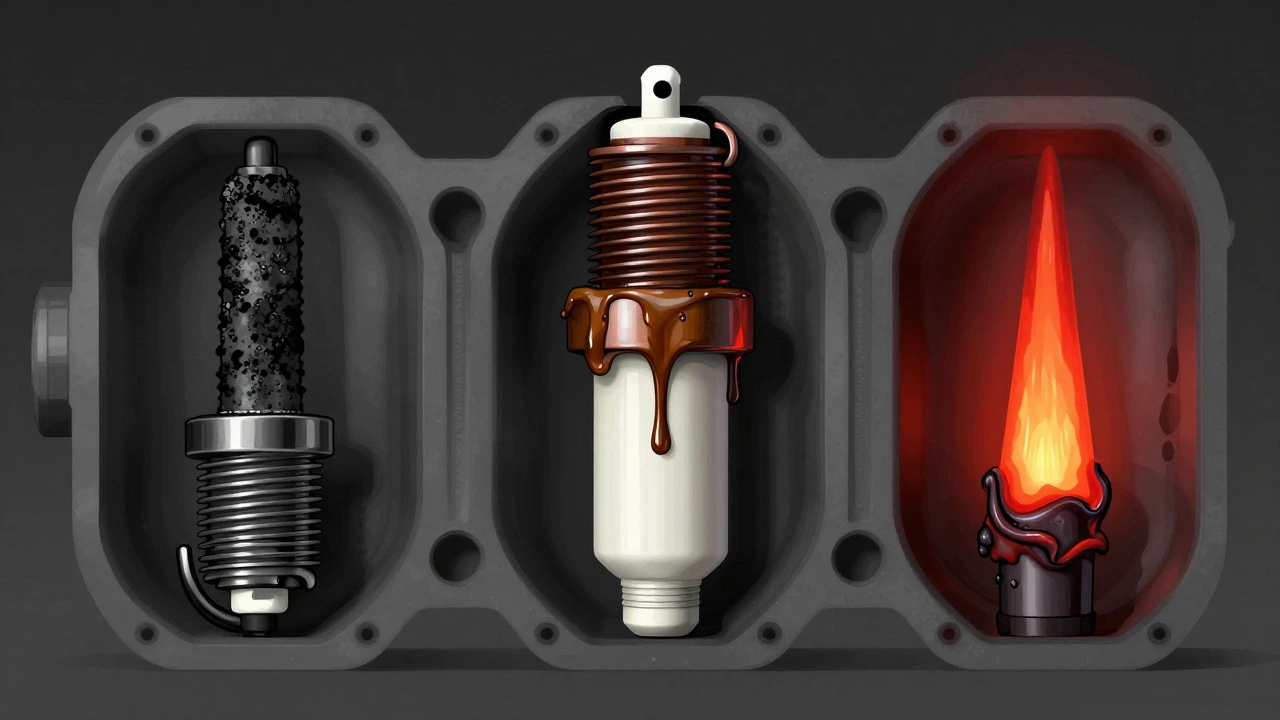 Cross-section diagram showing carbon, oil, and heat damage on spark plugs