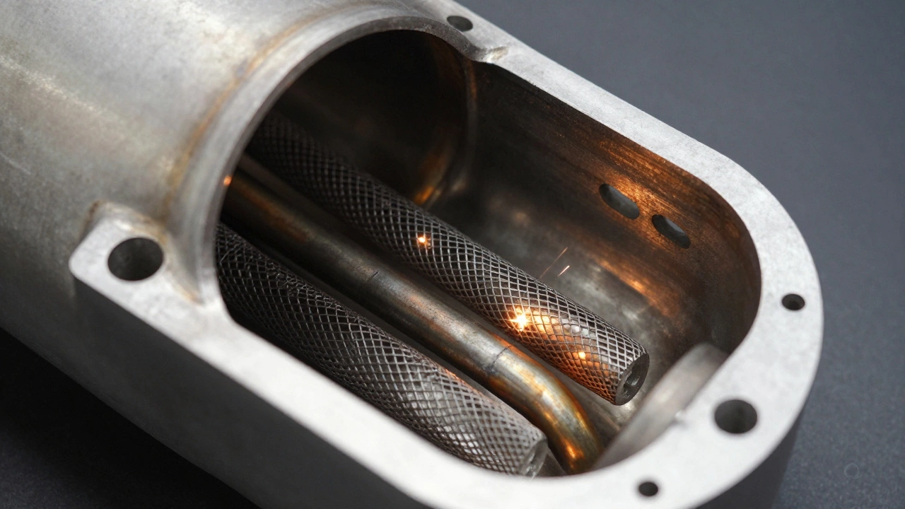 Cutaway view of a performance resonator showing internal perforated core design