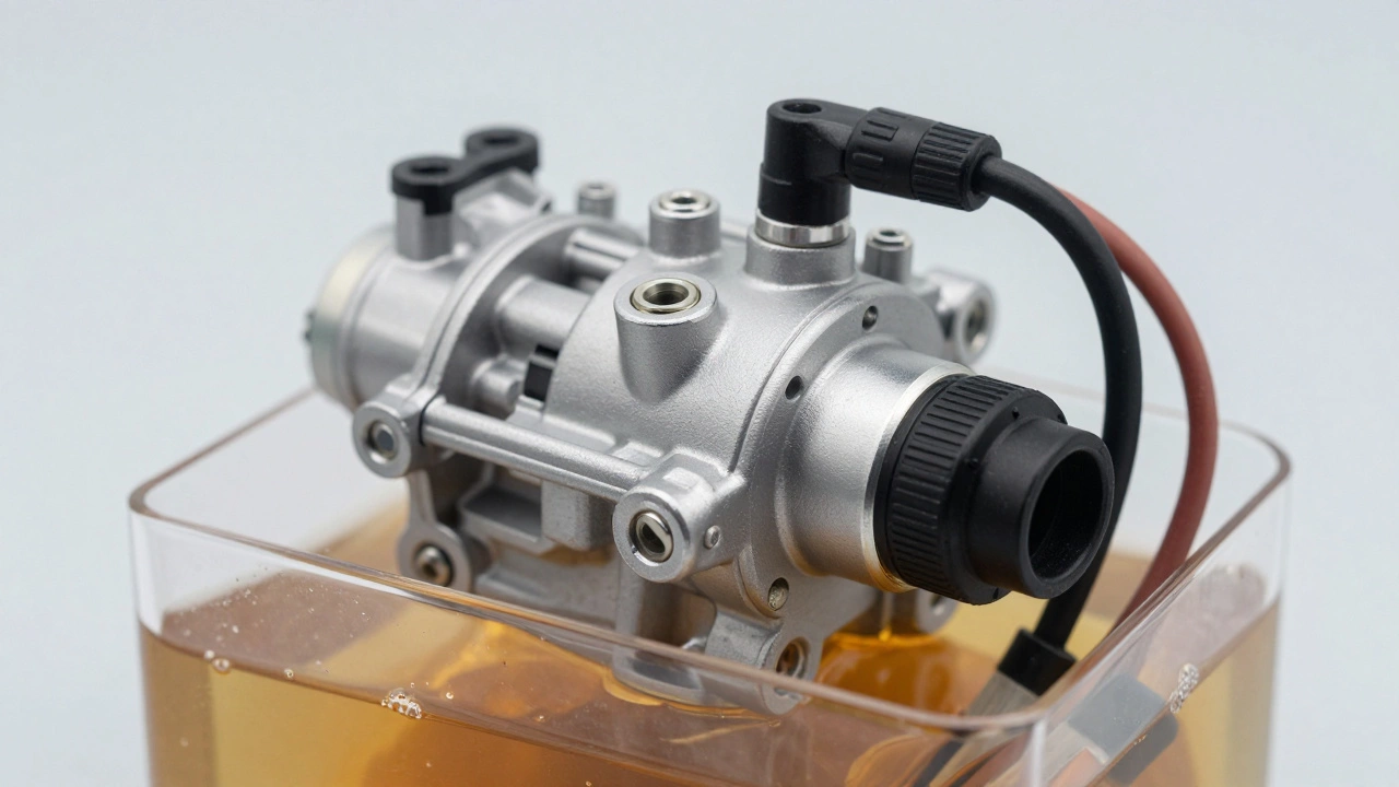 Detailed close-up of a fuel pump assembly inside a fuel tank
