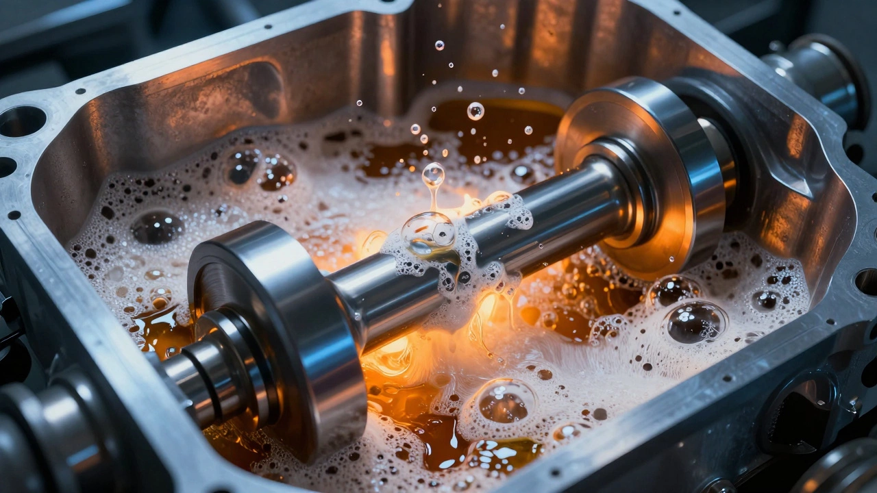 Engine crankshaft churning excess oil into foam