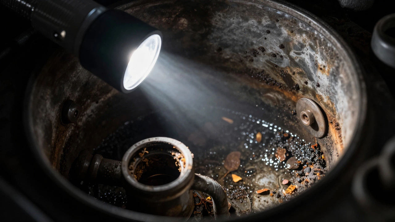 Flashlight inspecting sludge and rust inside fuel tank