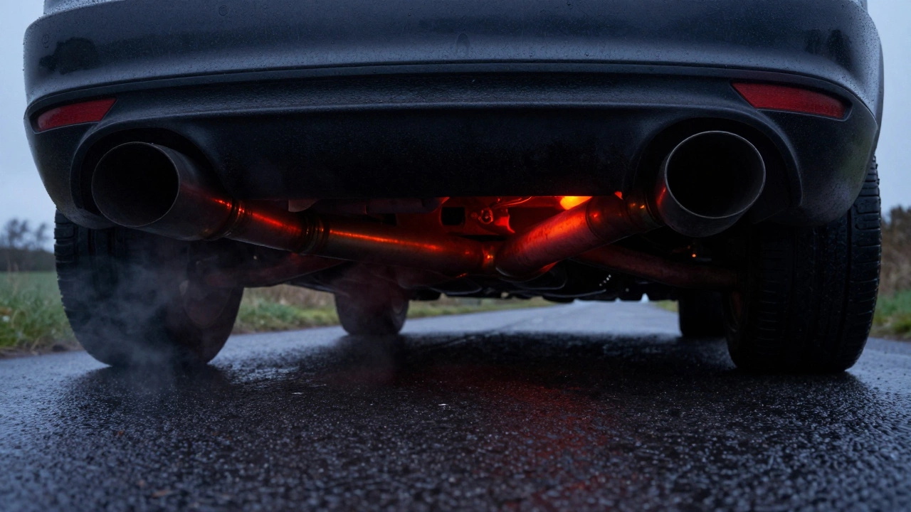 Glowing hot exhaust pipes on a car parked on a wet road at dusk