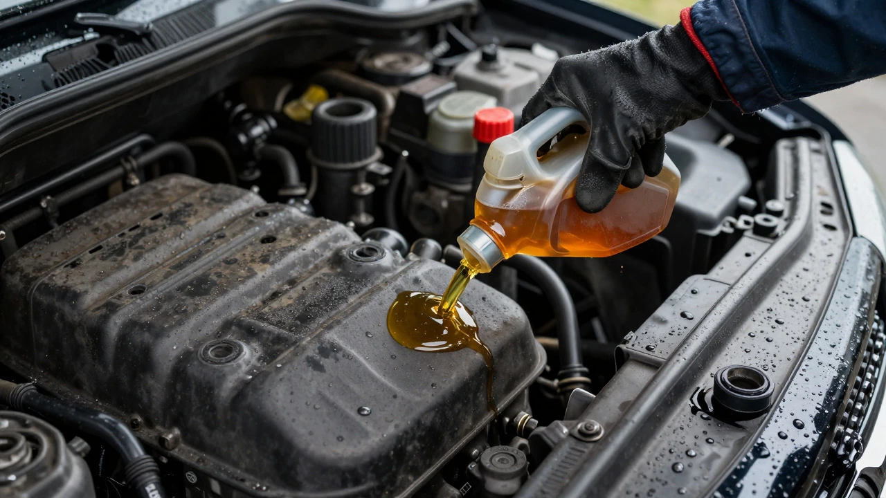 Mechanic checking fresh amber oil on dipstick in wet engine bay