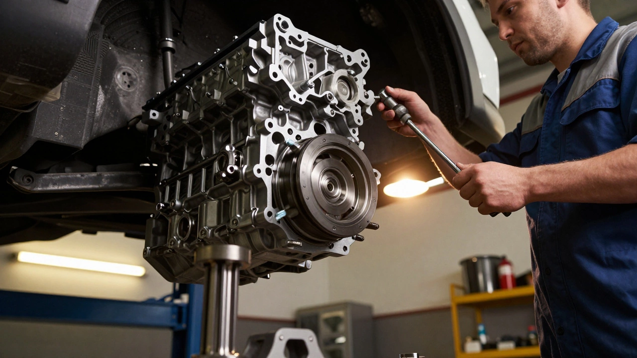 Mechanic installing new flywheel with torque wrench