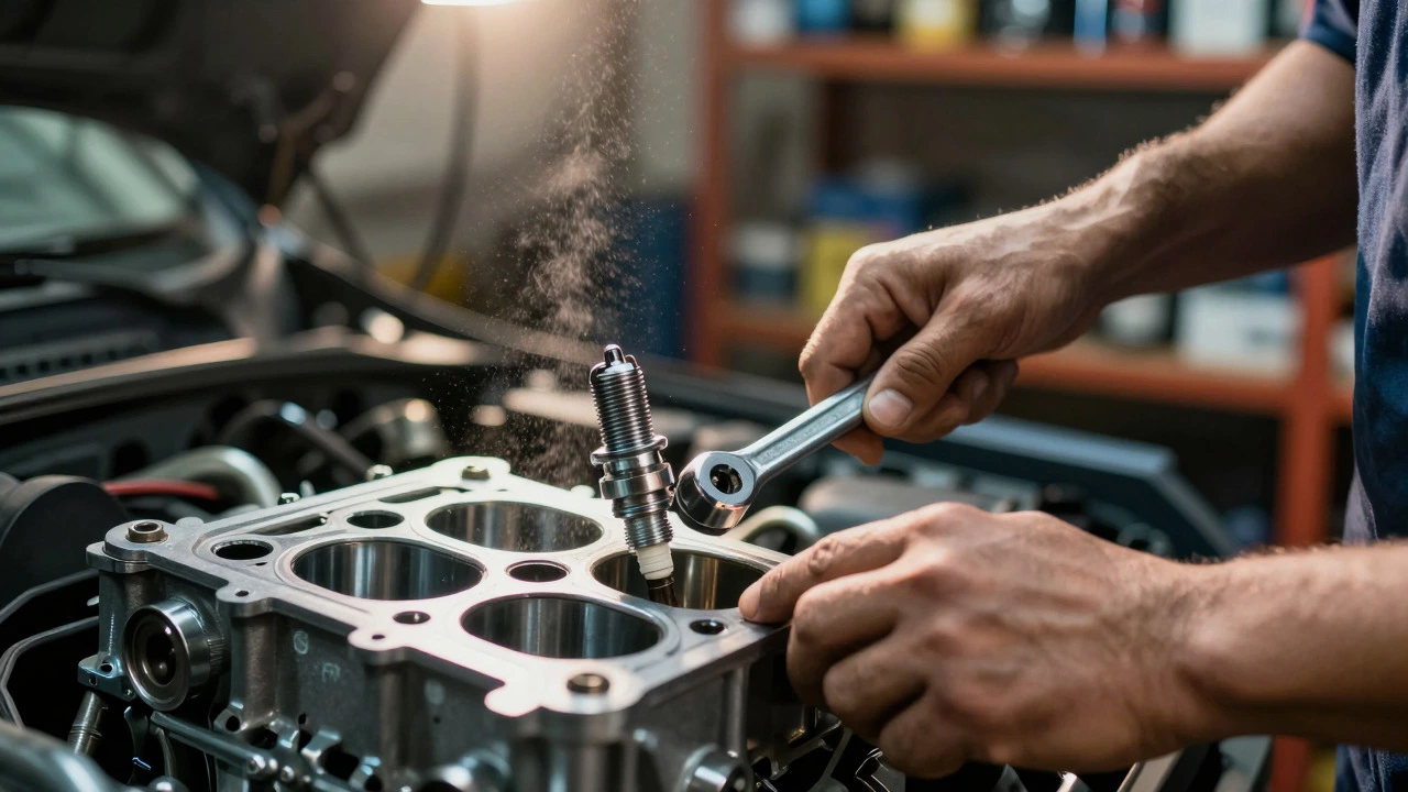 Mechanic using a torque wrench to install a new spark plug precisely