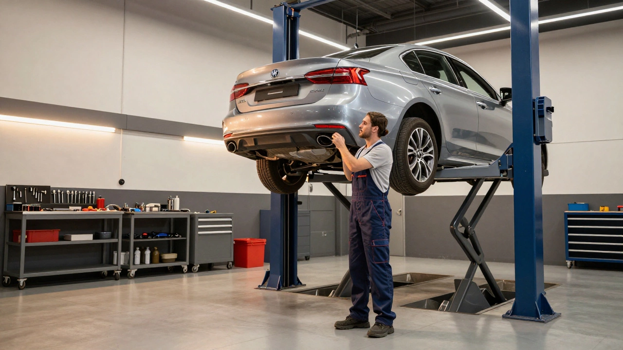 Mechanic working on car undercarriage in a professional garage