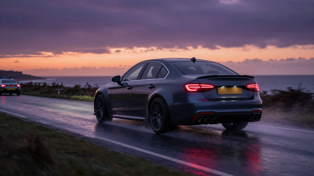Modified car driving on wet UK road at dusk with prominent exhaust tips