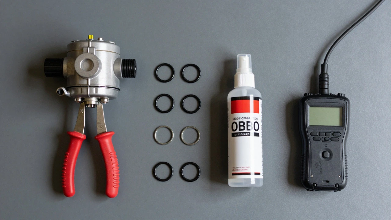New O-rings, regulator, and tools on mechanic workbench