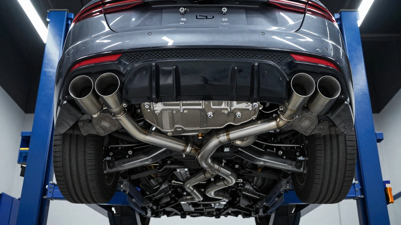 Sports car on lift displaying a complex stainless steel full exhaust system