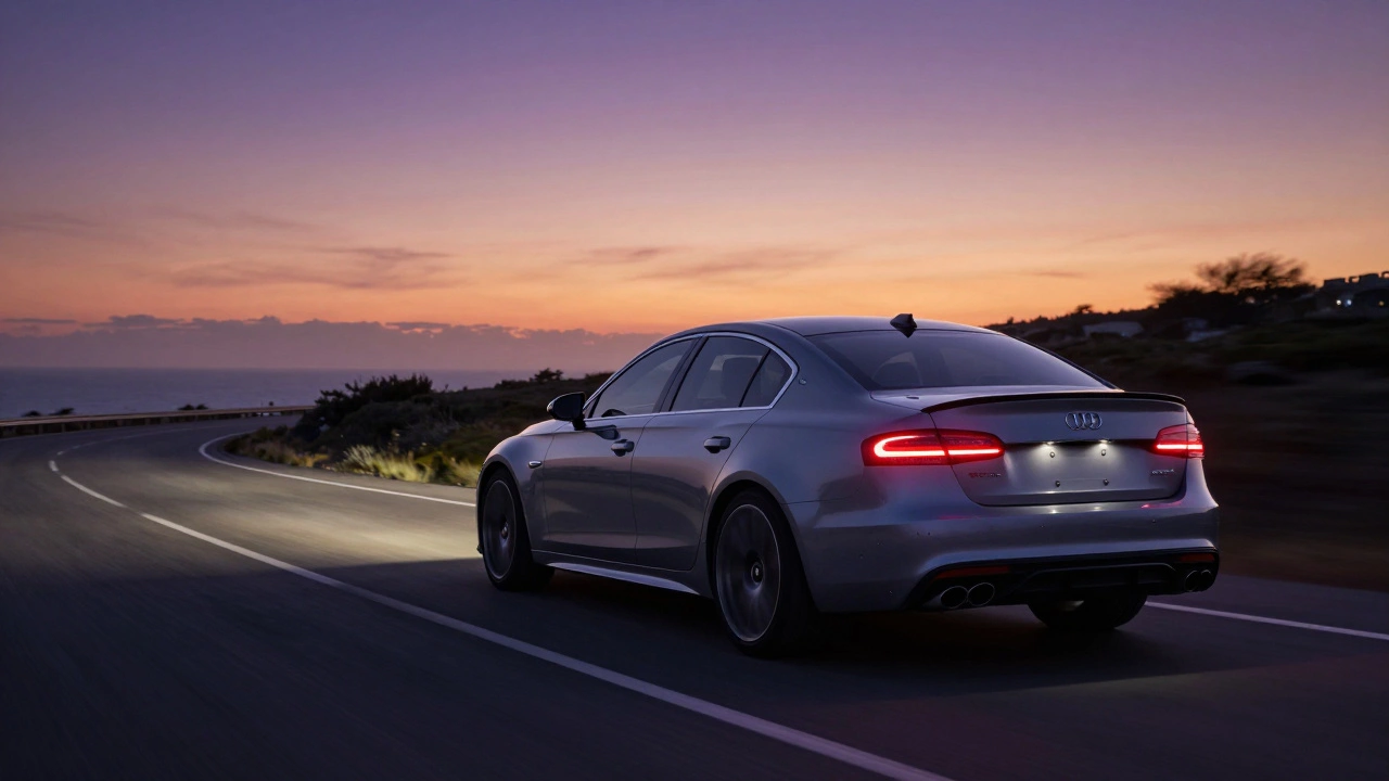 Turbocharged car accelerating on a coastal road at sunset