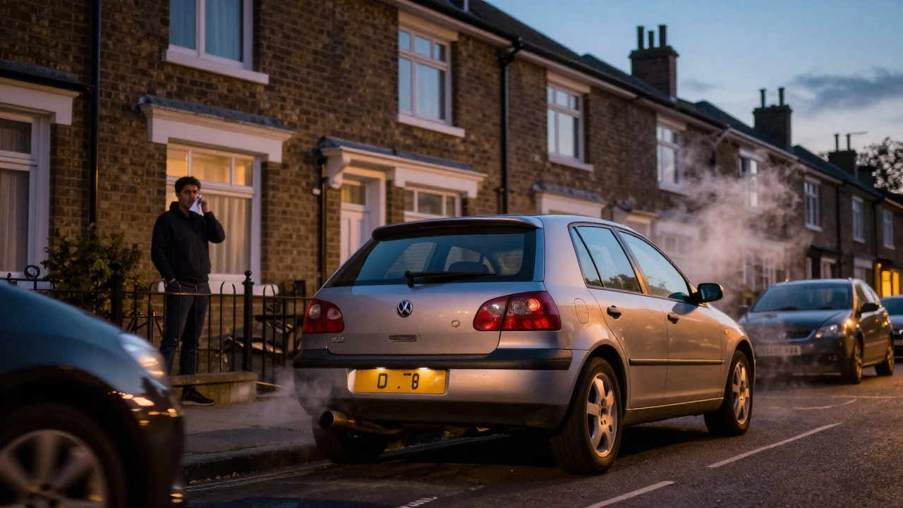 Car with loud straight pipe exhaust annoying neighbor at dusk