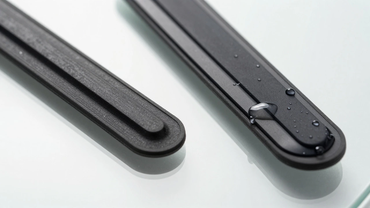 Close-up comparison of rubber vs silicone wiper blade water repellency
