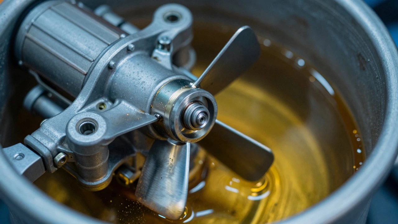 Close-up of a fuel pump submerged in gasoline inside a car's fuel tank assembly
