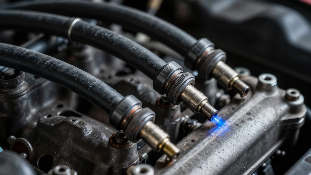 Close-up of damaged ignition wire sparking near engine block