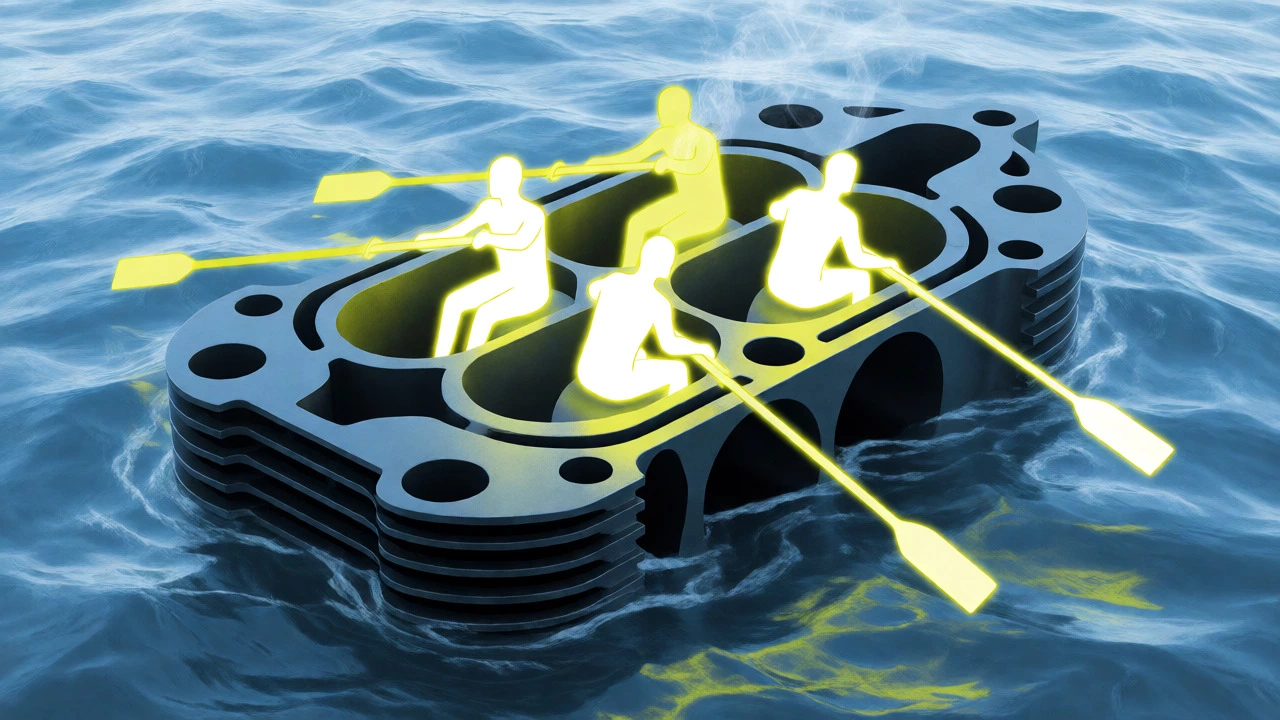 Conceptual art showing mismatched spark plugs causing engine vibration like unsynchronized rowers.
