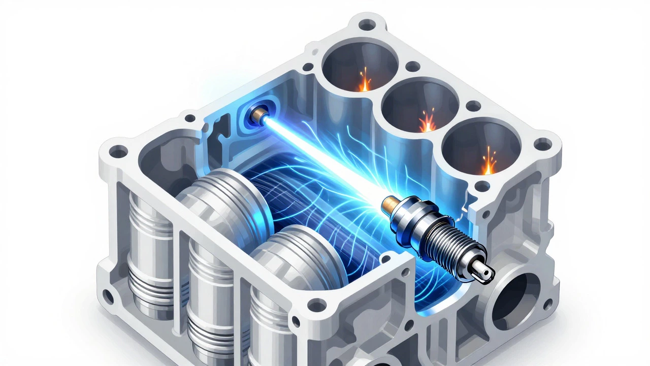 Cross-section diagram showing efficient ignition inside a car engine cylinder