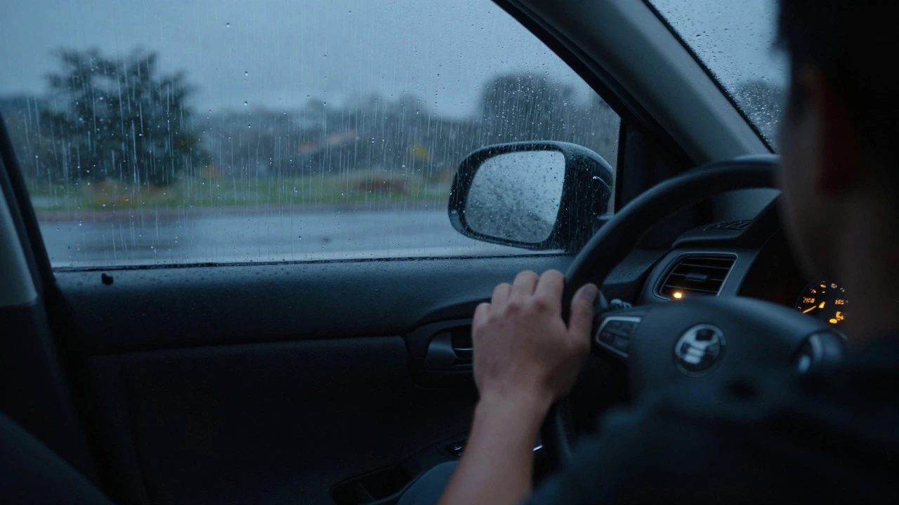 Driver braking hard on wet road with vibrating pedal