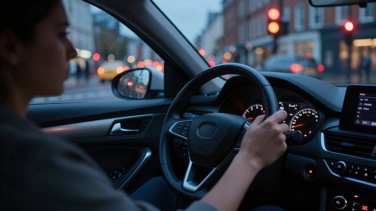 Driver experiencing rough idling in a car at a traffic light in rainy London