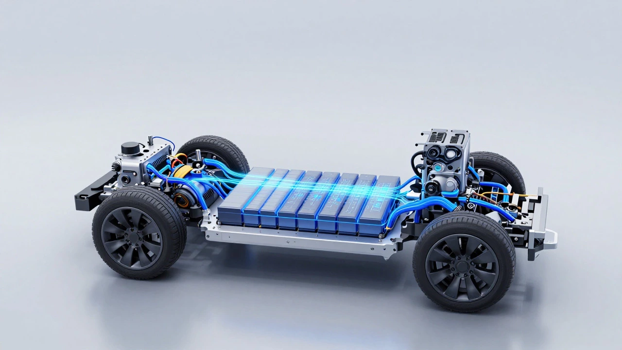 EV battery pack with blue liquid cooling loops inside