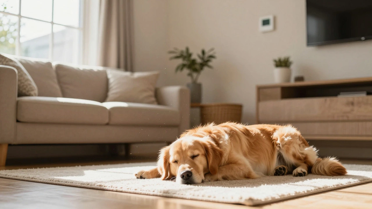 Golden retriever sleeping in a sunlit living room with dust motes