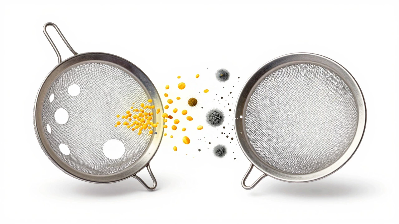 Illustration comparing coarse and fine mesh filters catching allergens