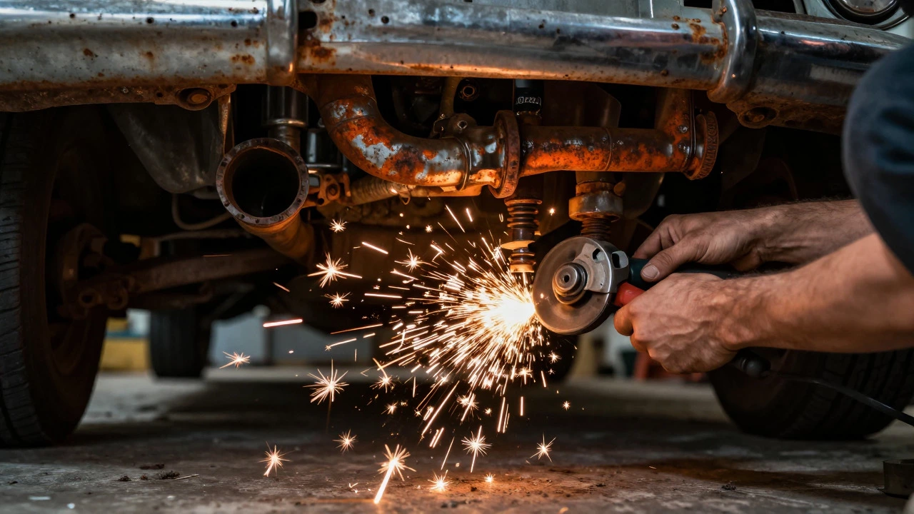 Mechanic grinding rusted exhaust parts under a classic car in a garage