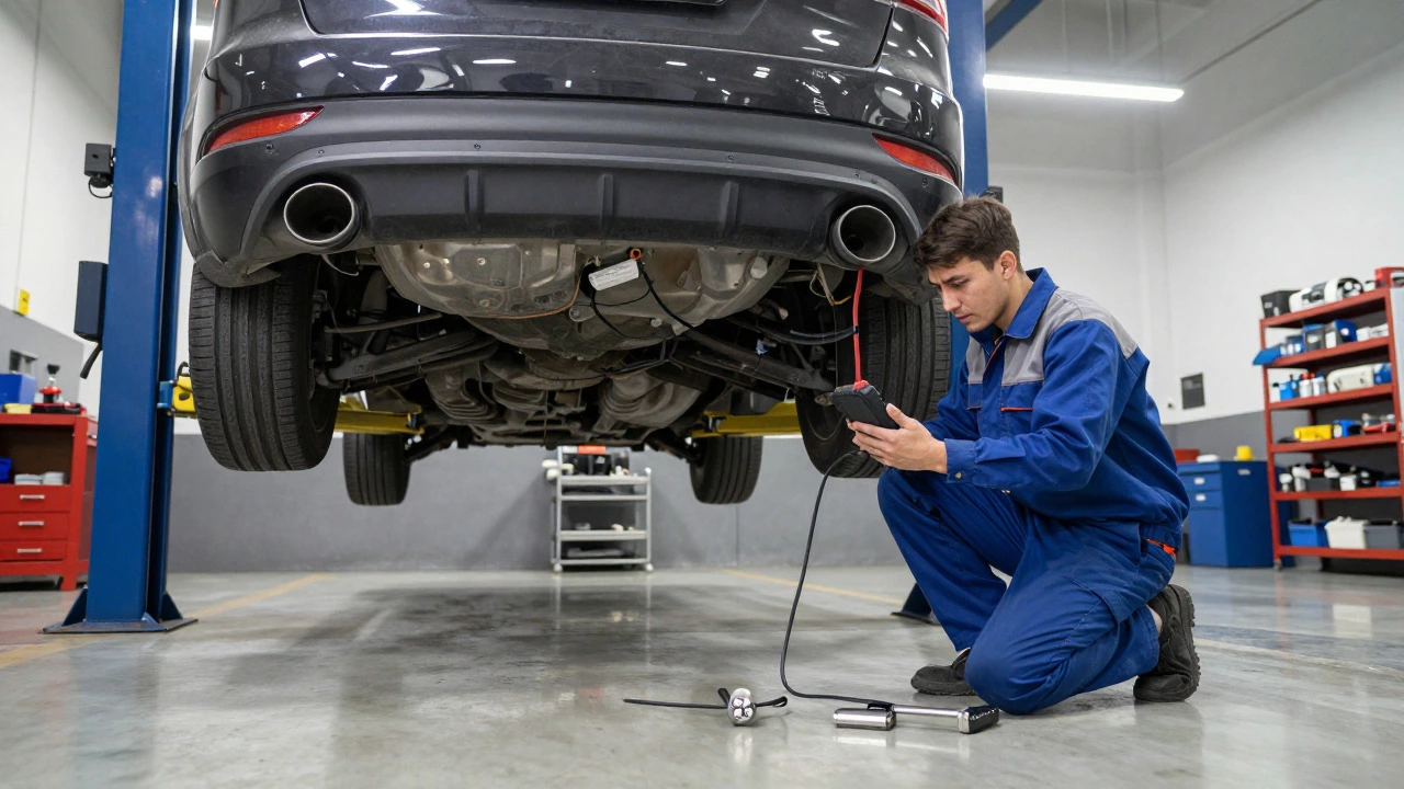 Mechanic inspecting the rear fuel system of a car lifted on a hydraulic lift in a garage
