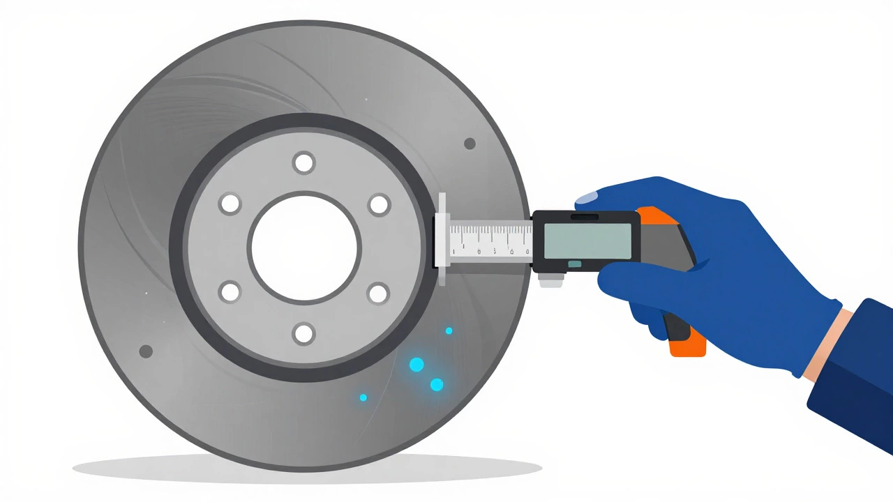 Mechanic measuring rotor thickness showing wear lip
