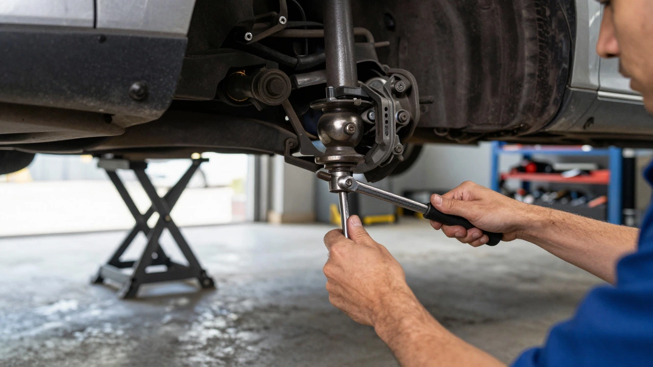 Mechanic using a pry bar to test a ball joint on a lifted car
