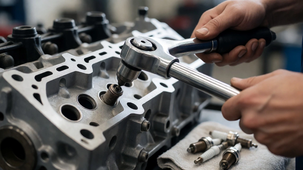 Mechanic using a torque wrench to install a spark plug into an aluminum cylinder head.