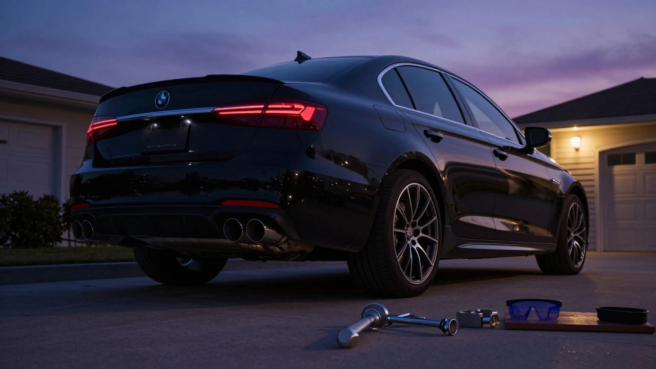 Newly installed chrome exhaust tips on a sedan in a driveway at dusk