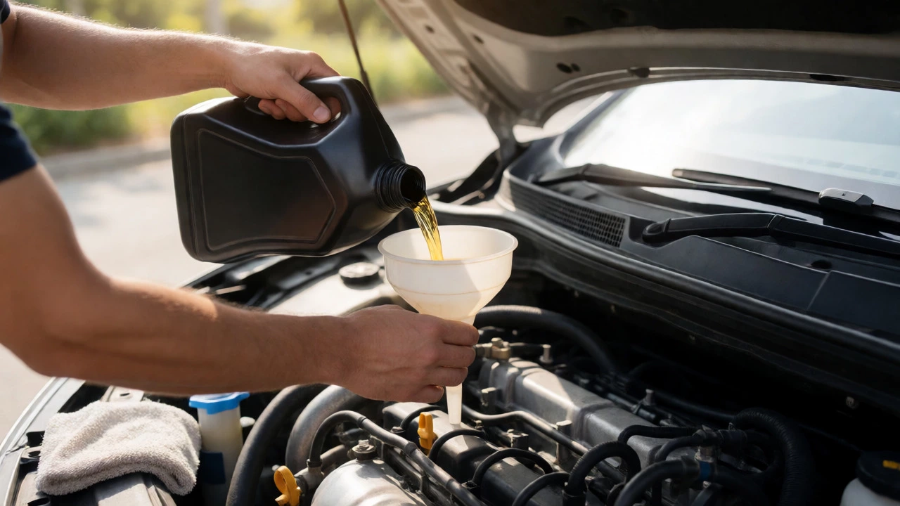 Pouring engine oil into a car engine with a funnel