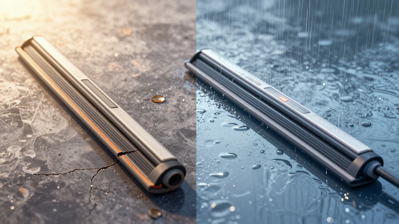 Split image showing degraded rubber blade versus durable silicone blade