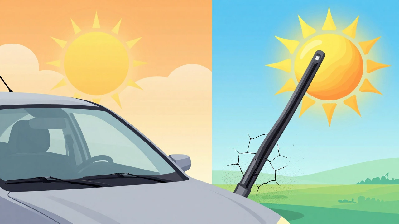 Stylized comparison of wipers resting safely versus lifted and exposed to sun