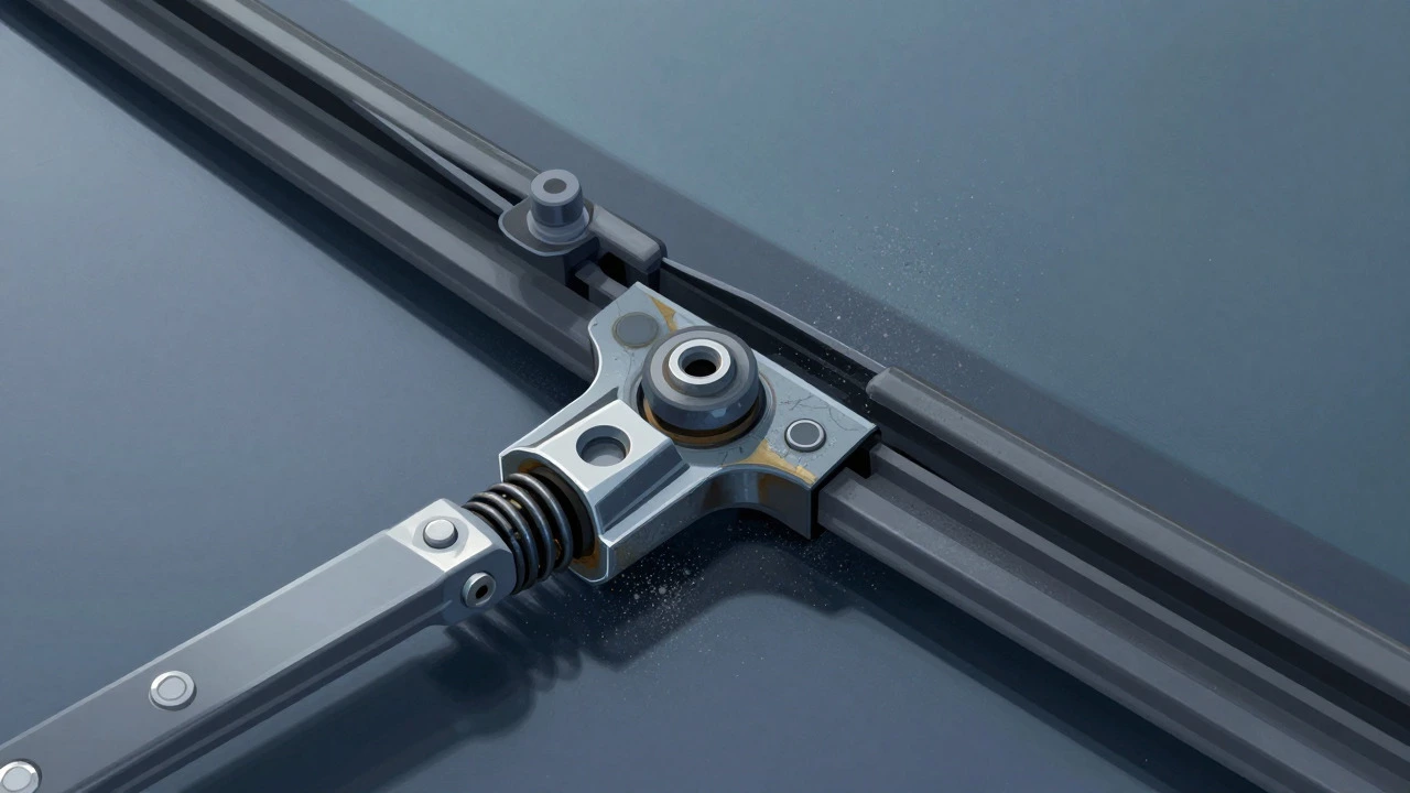 Technical cutaway view showing stress and wear inside a car wiper arm joint