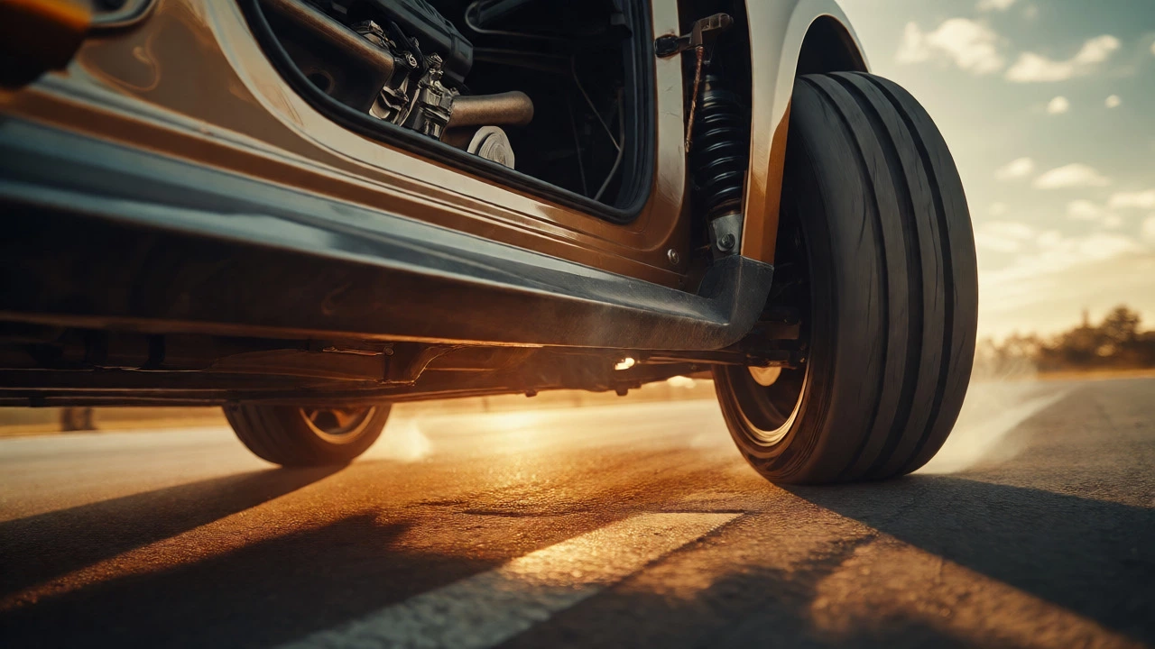 Car engine revving with heat haze rising from the wheel area indicating clutch slip.