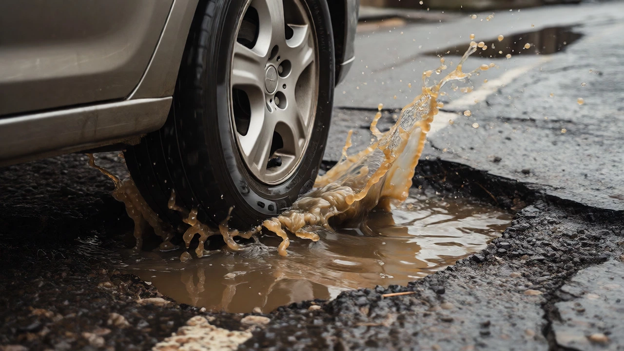 Car tire splashing through a pothole on a road