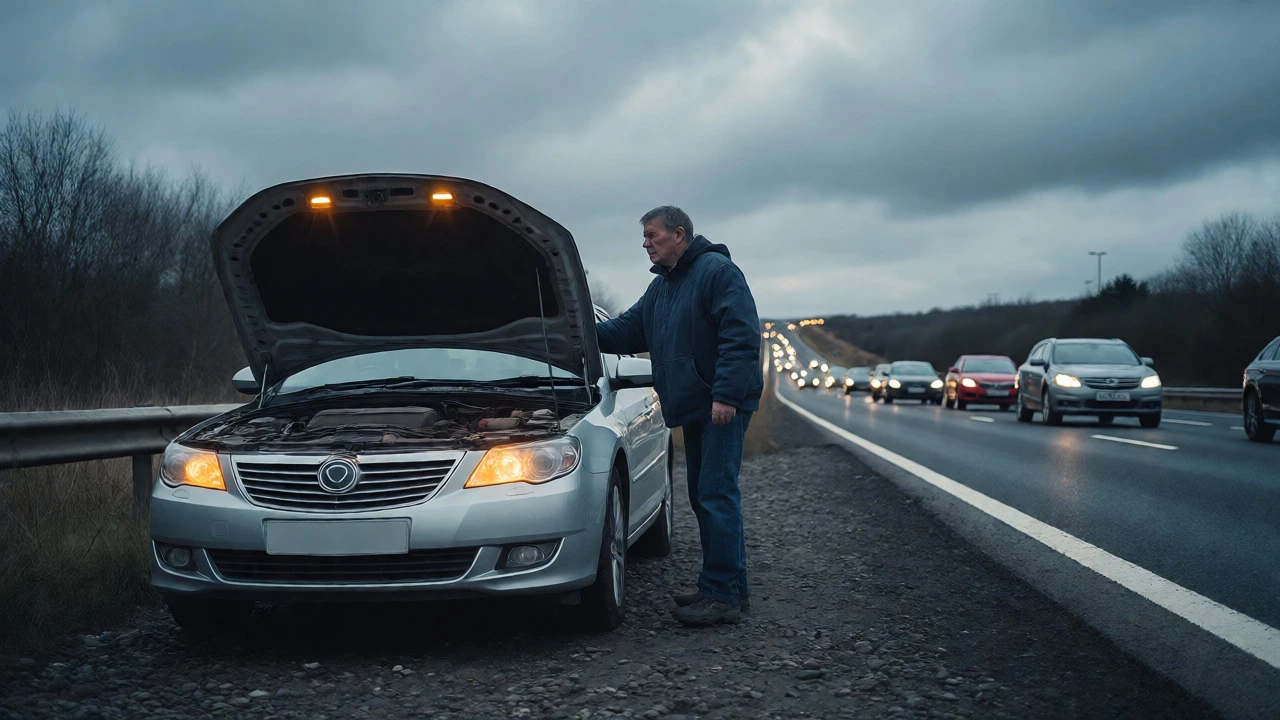 Car with hazard lights stopped on a UK highway shoulder