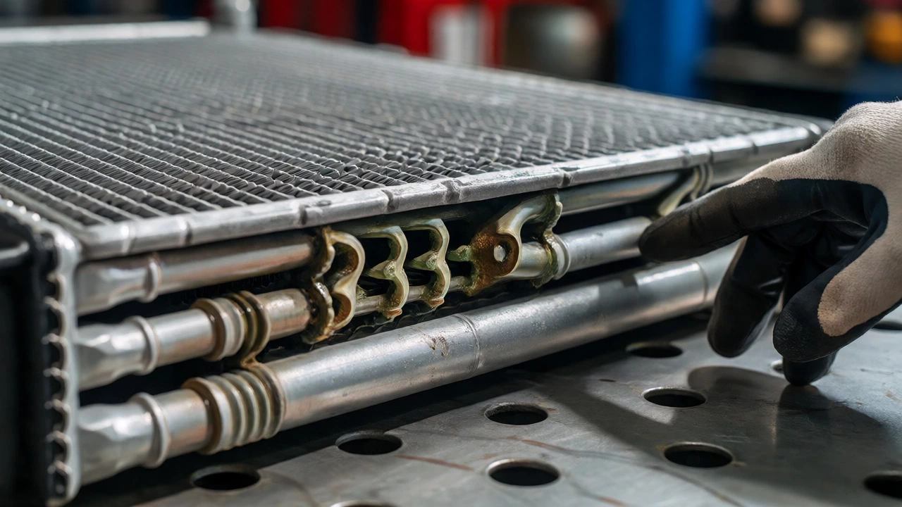 Close-up of a corroded car radiator core with sludge buildup in fins.