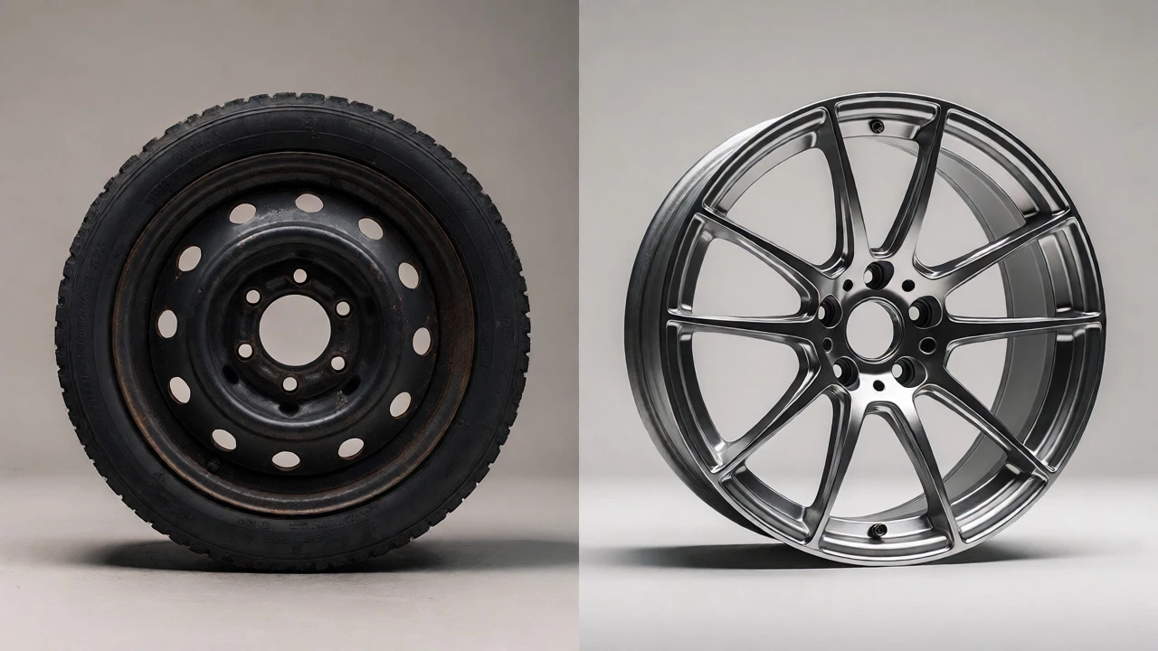 Comparison of rusty steel wheel and polished alloy