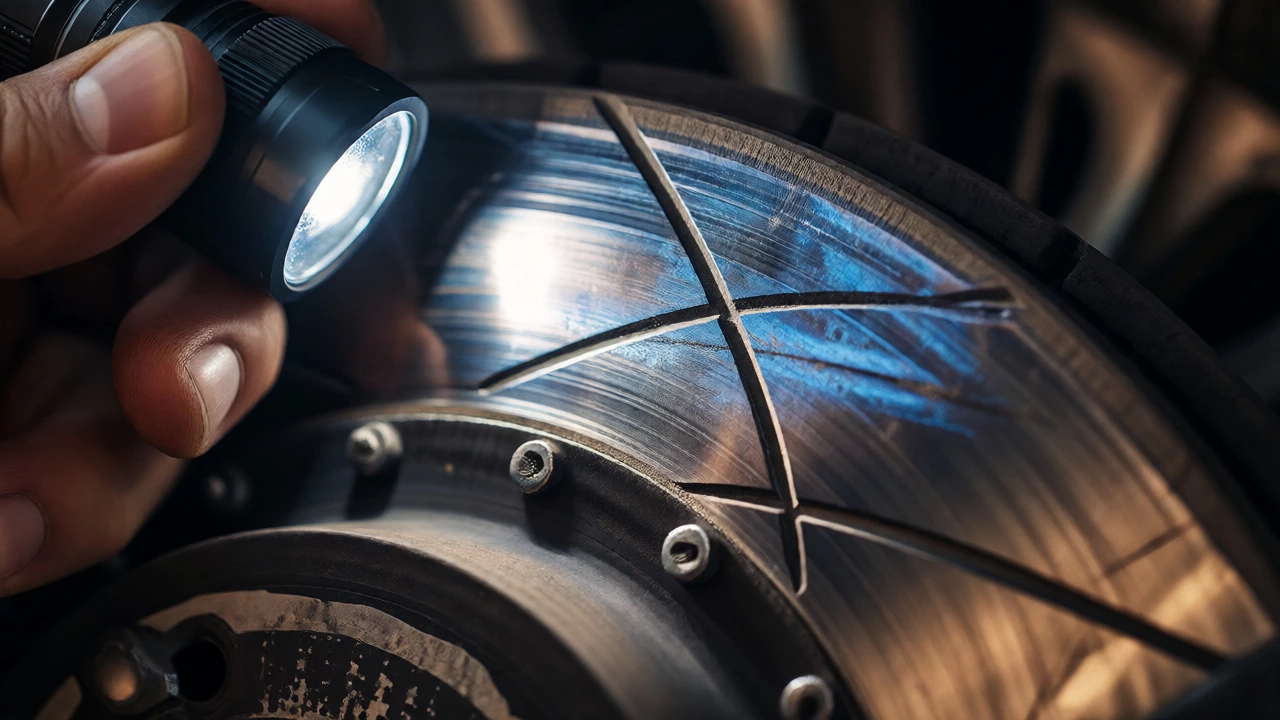Flashlight illuminating a scratched and discolored brake rotor inside a wheel well.